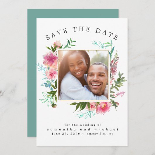 DIY Modern Foto roze Floral Waterverf Peony Save The Date (Voorkant / Achterkant)