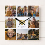 DIY Moderne reeks Foto Collage Gold Heart Vierkante Klok<br><div class="desc">Maak uw eigen familiekust met deze 8 foto moderne,  gedructe gouden muurklok met uw eigen familienaam en jaar. Geweldig cadeau voor grootouders!</div>