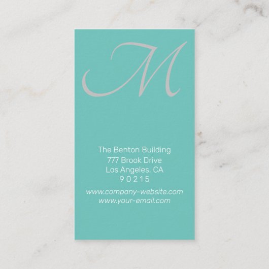 DIY Monogram, Elegant, Zwart Marmer & Blauwgroen Visitekaartje (Achterkant)