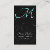 DIY Monogram, Elegant, Zwart Marmer & Blauwgroen Visitekaartje (Voorkant)