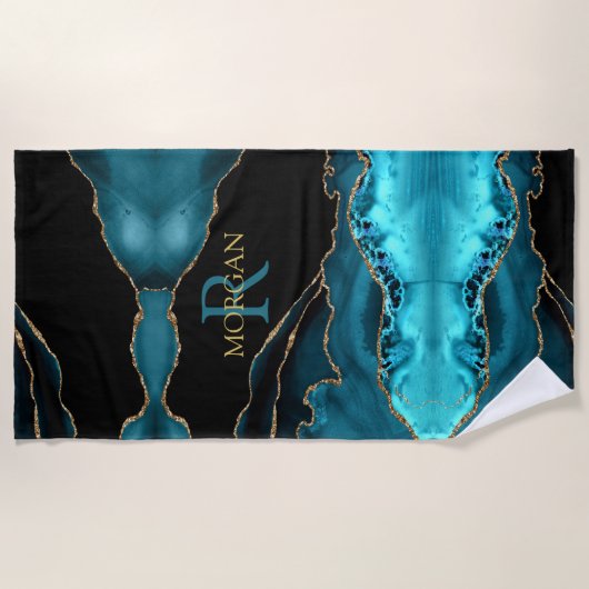 DIY Monogram & Gold Name, Black Gold & Blauwgroen  Strandlaken (Voorkant)