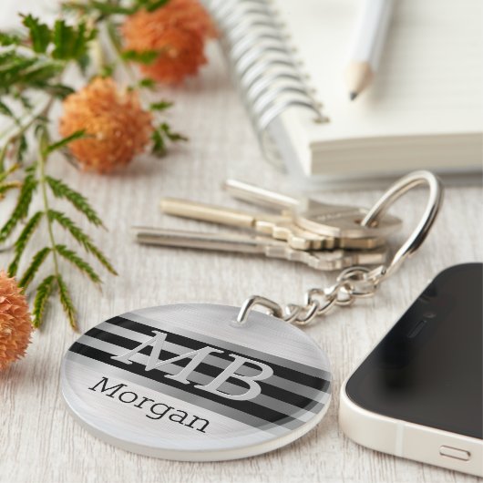 DIY-monogram/naam Bk/zilverstrips geborsteld zilve Sleutelhanger (Voorkant Rechts)