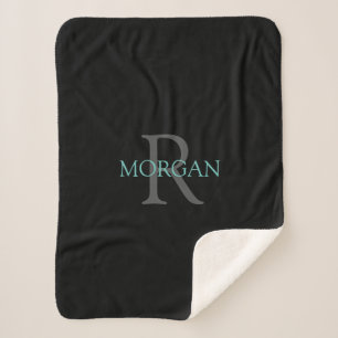 DIY Monogram Naam Blauwgroen & Donkergrijs Tekst,  Sherpa Deken