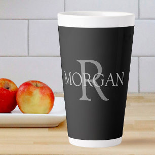 DIY Monogram & Naam, Eenvoudige Grijze Tekst op Zw Latte Mok