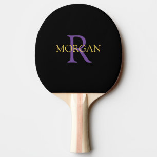 DIY Monogram & Naam, Goud & Paarse Tekst, Zwart Tafeltennisbatje