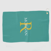 DIY Monogram & Naam, Goud & Wit Tekst, Blauwgroen Golfhanddoek (Horizontaal)
