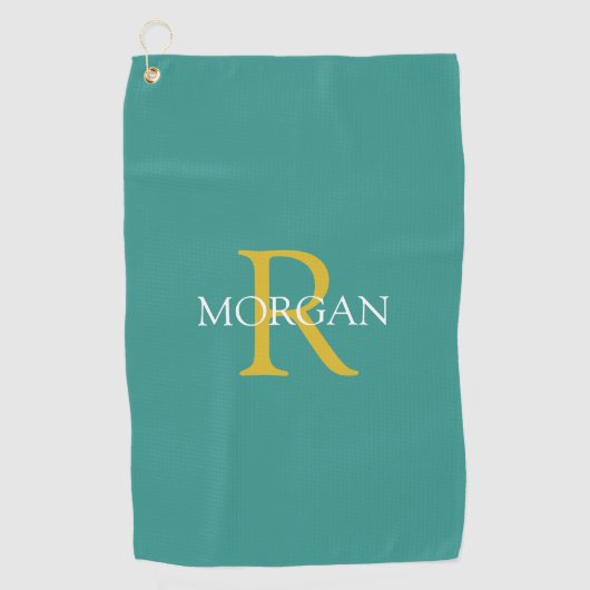 DIY Monogram & Naam, Goud & Wit Tekst, Blauwgroen Golfhanddoek (Voorkant)