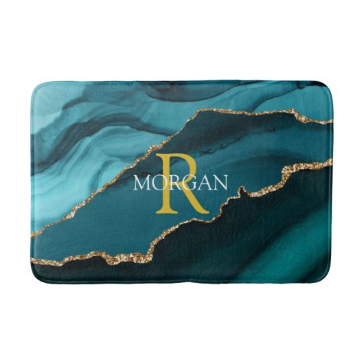 DIY Monogram/Naam Goud/Wit, Zwart/Blauwgroen Agaat Badmat (Voorkant)