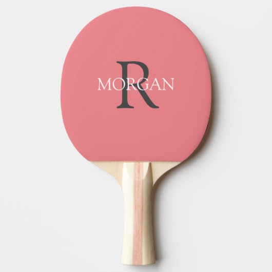 DIY Monogram & Naam, Grijs & Wit Tekst, Koraal Tafeltennisbatje (Voorkant)