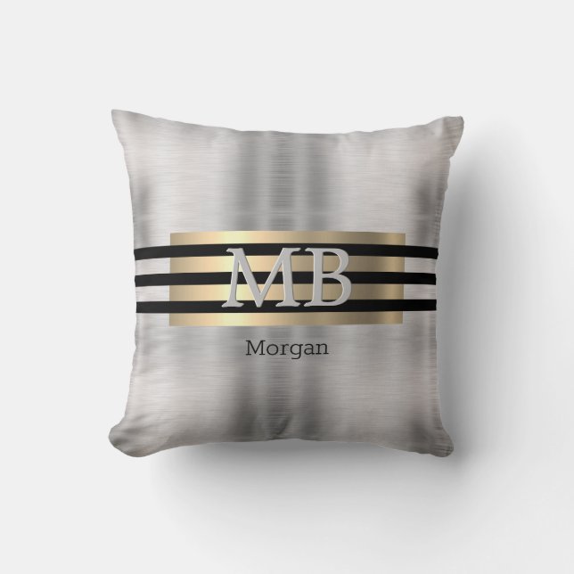 DIY Monogram & naam, Yel Gold Brushed Steel Black Kussen (Voorkant)