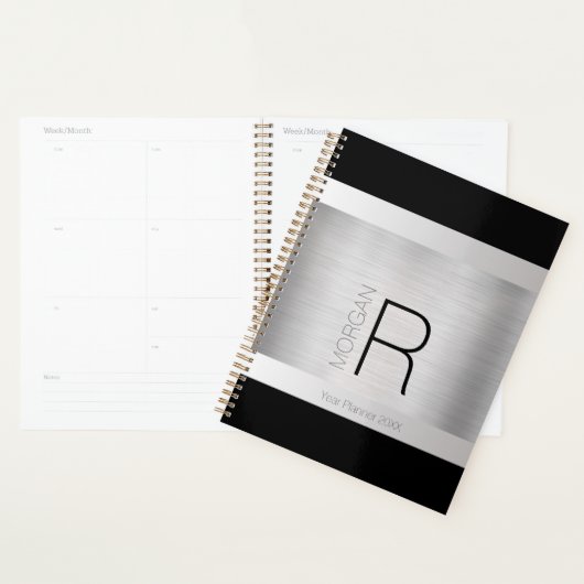 DIY Monogram & naam, zwart & grijs, geborsteld zil Planner (Display)