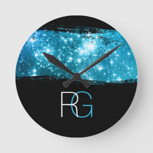 DIY Monogram Wit & Blauw, Stardust Brush Stroke Ronde Klok