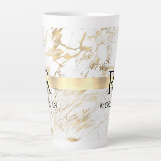 DIY Monogram Zwarte Tekst, Wit & Goud Marmer Latte Mok (Voorkant)