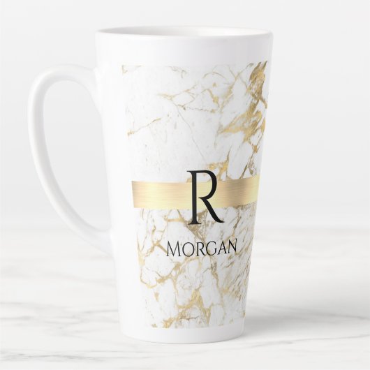 DIY Monogram Zwarte Tekst, Wit & Goud Marmer Latte Mok (Links)