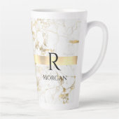 DIY Monogram Zwarte Tekst, Wit & Goud Marmer Latte Mok (Rechts)