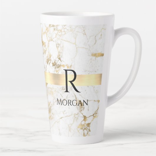 DIY Monogram Zwarte Tekst, Wit & Goud Marmer Latte Mok (Rechts)