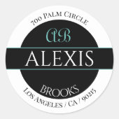 DIY-naam Adres Monogram, wit zwart & Blauwgroen Ronde Sticker (Voorkant)