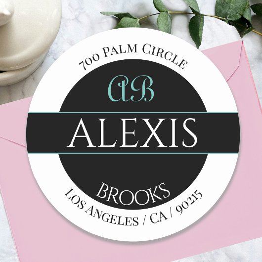 DIY-naam Adres Monogram, wit zwart & Blauwgroen Ronde Sticker