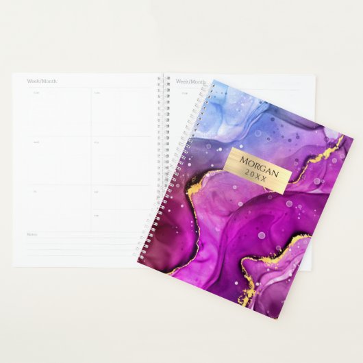 DIY-naam/datum Fuchsia Gold Ink Abstract GoldPlaqu Planner (Display)