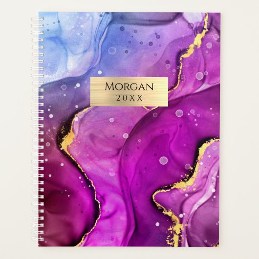 DIY-naam/datum Fuchsia Gold Ink Abstract GoldPlaqu Planner (Voorkant)