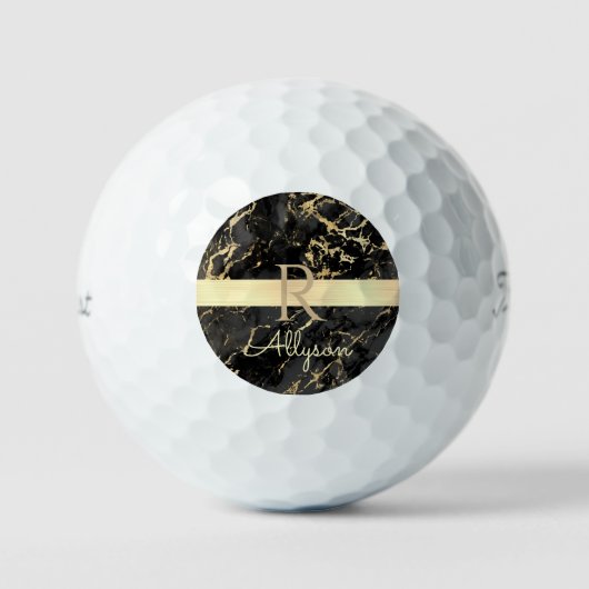DIY-naam en -monogram, Gold Bar, zwarte & goudmarm Golfballen (Voorkant)