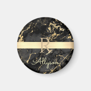 DIY-naam en -monogram, Gold Bar, zwarte & goudmarm Magneet