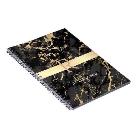DIY-naam en -monogram, Gold Bar, zwarte & goudmarm Notitieboek (Rechterzijde)
