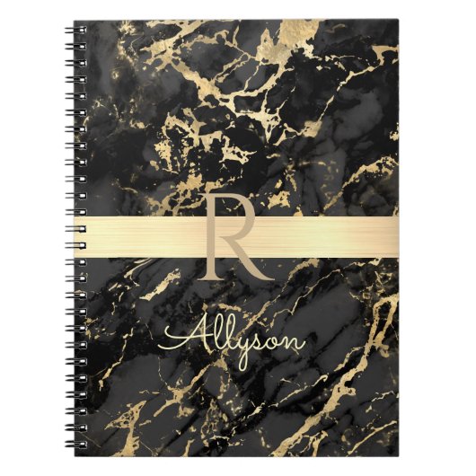 DIY-naam en -monogram, Gold Bar, zwarte & goudmarm Notitieboek (Voorkant)