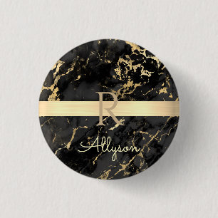 DIY-naam en -monogram, Gold Bar, zwarte & goudmarm Ronde Button 3,2 Cm
