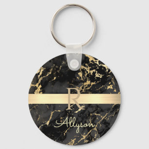 DIY-naam en -monogram, Gold Bar, zwarte & goudmarm Sleutelhanger