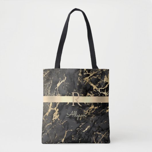 DIY-naam en -monogram, Gold Bar, zwarte & goudmarm Tote Bag (Voorkant)