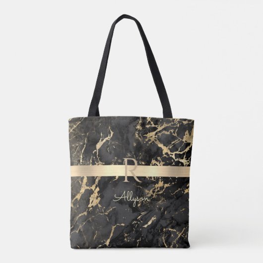 DIY-naam en -monogram, Gold Bar, zwarte & goudmarm Tote Bag (Achterkant)