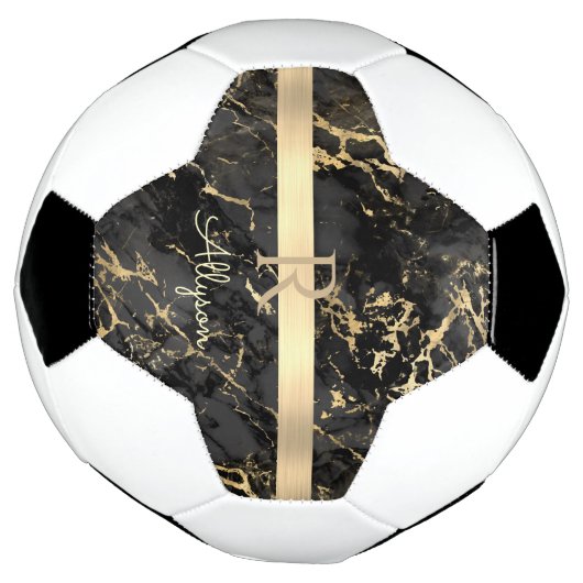 DIY-naam en -monogram, Gold Bar, zwarte & goudmarm Voetbal (Gedraaid)