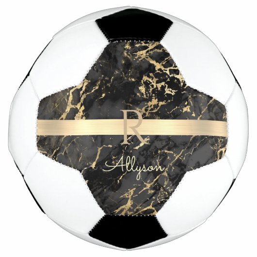 DIY-naam en -monogram, Gold Bar, zwarte & goudmarm Voetbal (Voorkant)