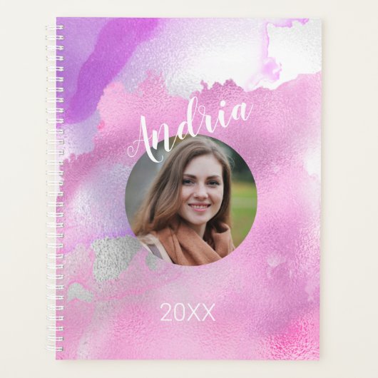 DIY Naam Foto Jaar, Paarse Roze Witte Waterverf Planner (Voorkant)
