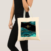 DIY-naam/Monogram Gold White, Blauwgroen zwart gou Tote Bag (Voorkant (product))