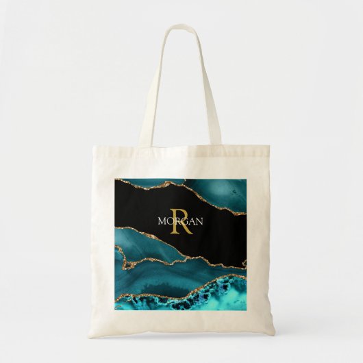 DIY-naam/Monogram Gold White, Blauwgroen zwart gou Tote Bag (Voorkant)