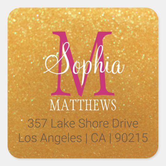 DIY Naam & Monogram, Gouden Glitter, Maroon, Wit Vierkante Sticker (Voorkant)