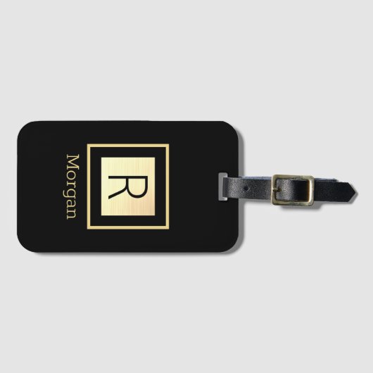 DIY-naam & monogram, zwart & gouddoos Bagagelabel (Voorkant (horizontaal))