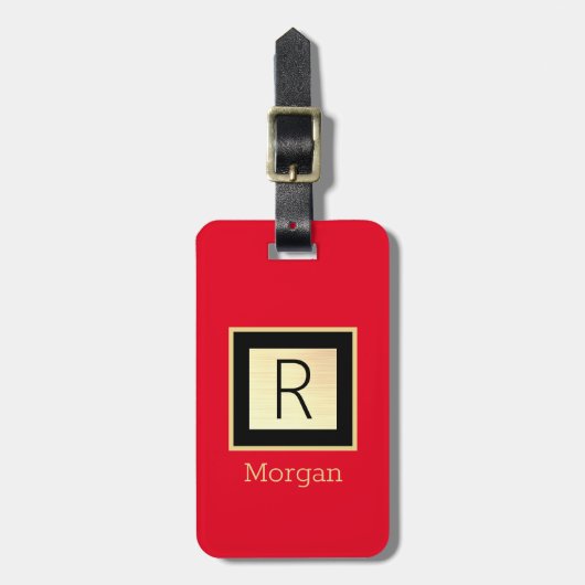 DIY-naam & monogram, zwart & gouddoos, rood Bagagelabel (Voorkant verticaal)