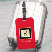 DIY-naam & monogram, zwart & gouddoos, rood Bagagelabel