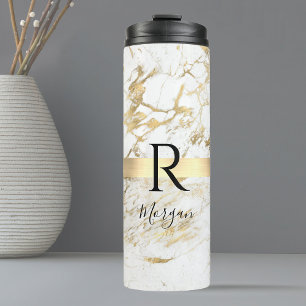 DIY Naam Schrift & Monogram Zwart, Wit/Goud Marmer Thermosbeker