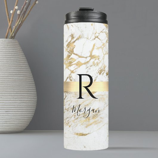 DIY Naam Script & Monogram Zwart, Wit/Goud Marmer Thermosbeker