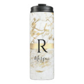 DIY Naam Script & Monogram Zwart, Wit/Goud Marmer Thermosbeker (Voorkant)