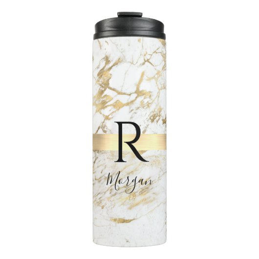 DIY Naam Script & Monogram Zwart, Wit/Goud Marmer Thermosbeker (Voorkant)
