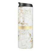 DIY Naam Script & Monogram Zwart, Wit/Goud Marmer Thermosbeker (Geroteerd rechts)