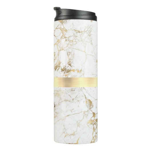 DIY Naam Script & Monogram Zwart, Wit/Goud Marmer Thermosbeker (Geroteerd rechts)