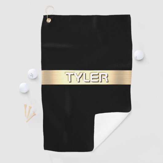 DIY naam wit, geborsteld gouden streep, zwart Golfhanddoek (Insitu)