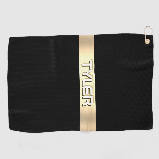 DIY naam wit, geborsteld gouden streep, zwart Golfhanddoek (Horizontaal)