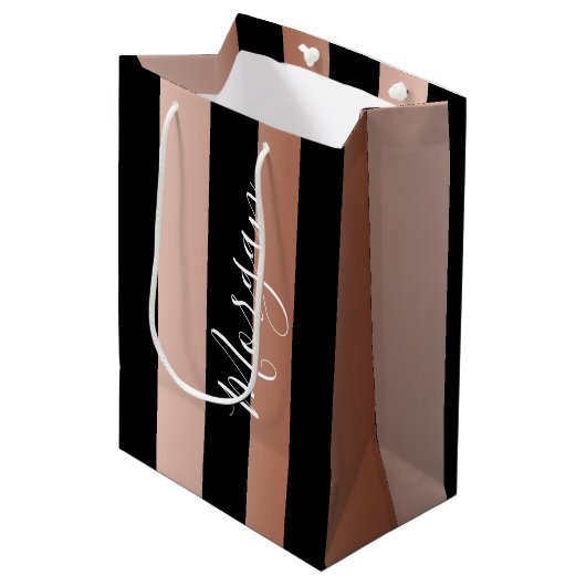 DIY Naam Wit, Verticale Roze Goud & Zwarte Strepen Medium Cadeauzakje (Voorkant Gekanteld)